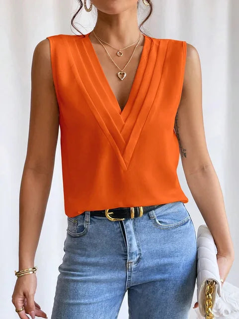 Elegant Sleeveless Blouse with Deep V Neck and Pleated Detail