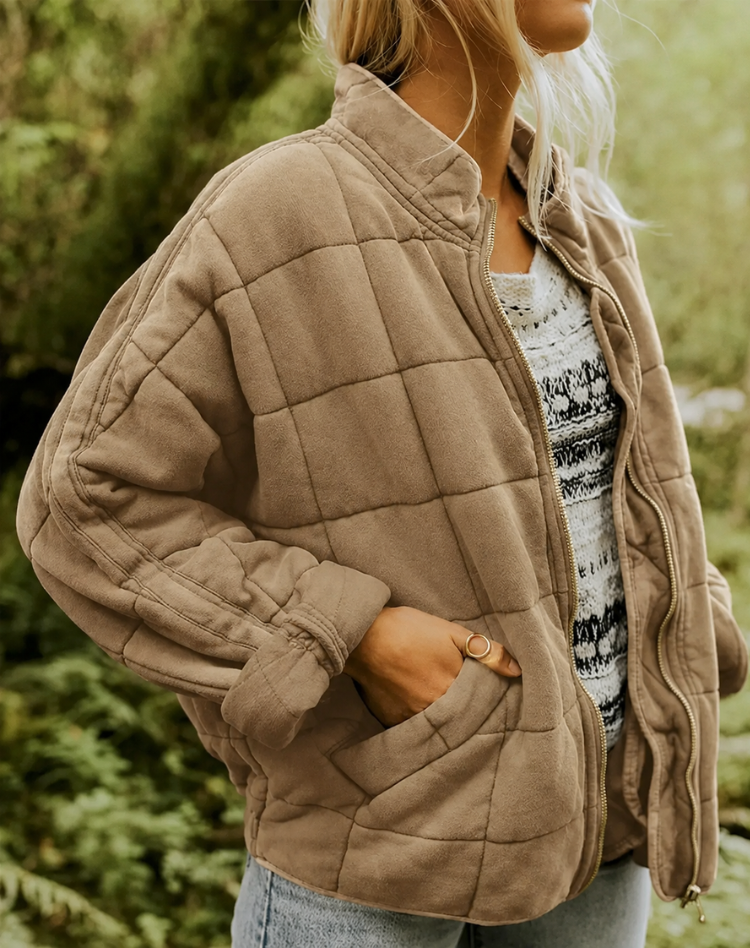 Quilted Bomber Jacket with Zipper and Side Pockets