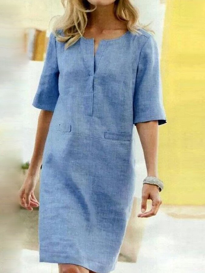 Casual Midi Dress for Women with Short Sleeves and Straight Fit
