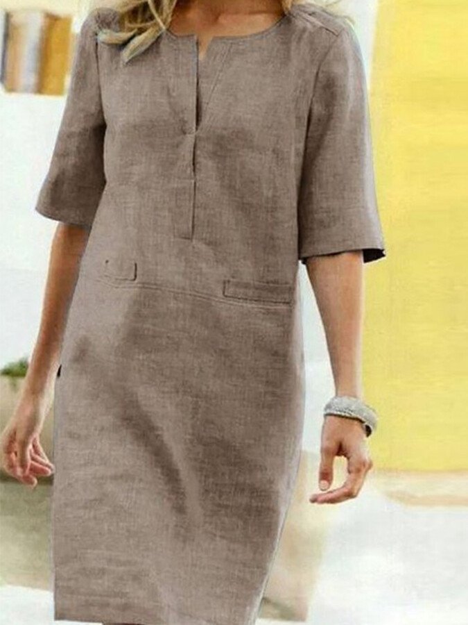 Casual Midi Dress for Women with Short Sleeves and Straight Fit