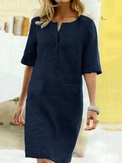 Casual Midi Dress for Women with Short Sleeves and Straight Fit