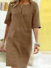 Casual Midi Dress for Women with Short Sleeves and Straight Fit