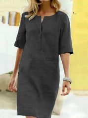 Casual Midi Dress for Women with Short Sleeves and Straight Fit