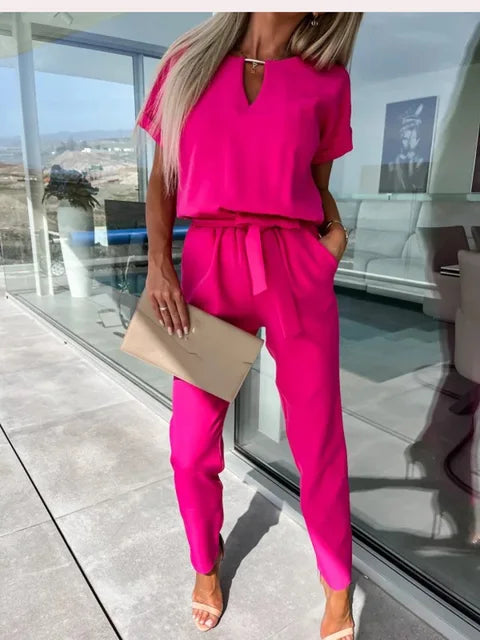 Women's Jumpsuit with Short Sleeves and Waistband