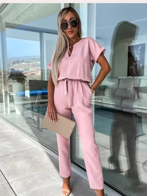 Women's Jumpsuit with Short Sleeves and Waistband