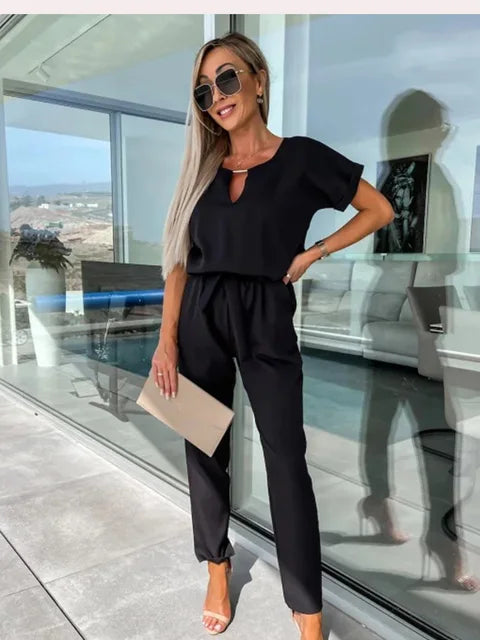 Women's Jumpsuit with Short Sleeves and Waistband