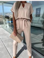 Women's Jumpsuit with Short Sleeves and Waistband
