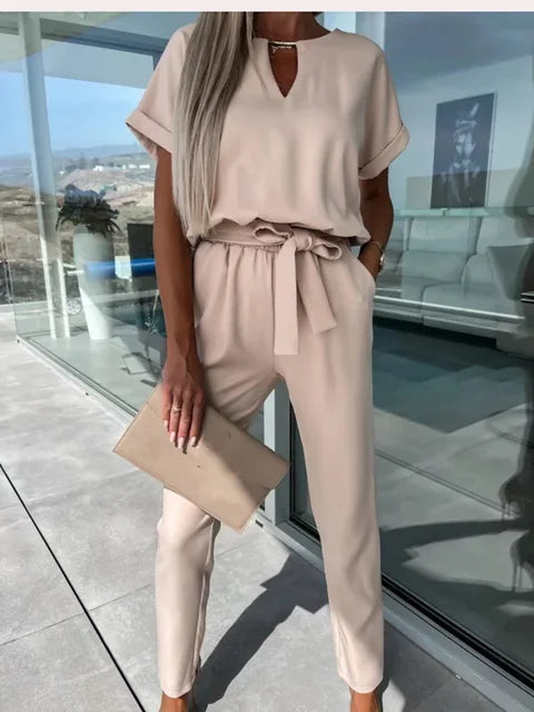 Women's Jumpsuit with Short Sleeves and Waistband
