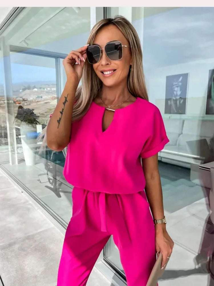 Women's Jumpsuit with Short Sleeves and Waistband