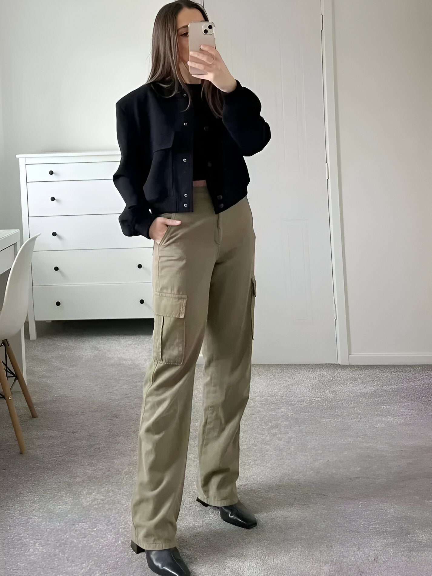 Women's Cropped Bomber Jacket with Button Closure, Flap Pockets, and Ribbed Cuffs