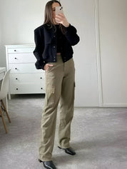 Women's Cropped Bomber Jacket with Button Closure, Flap Pockets, and Ribbed Cuffs