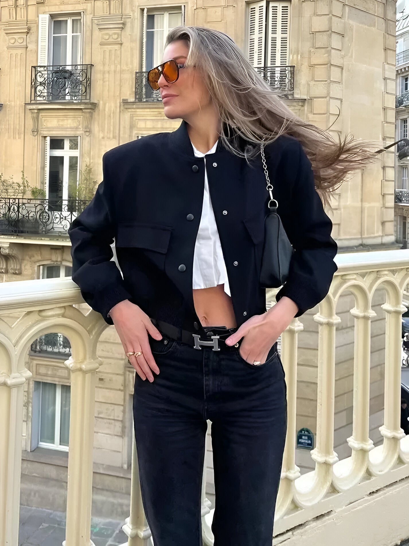 Women's Cropped Bomber Jacket with Button Closure, Flap Pockets, and Ribbed Cuffs