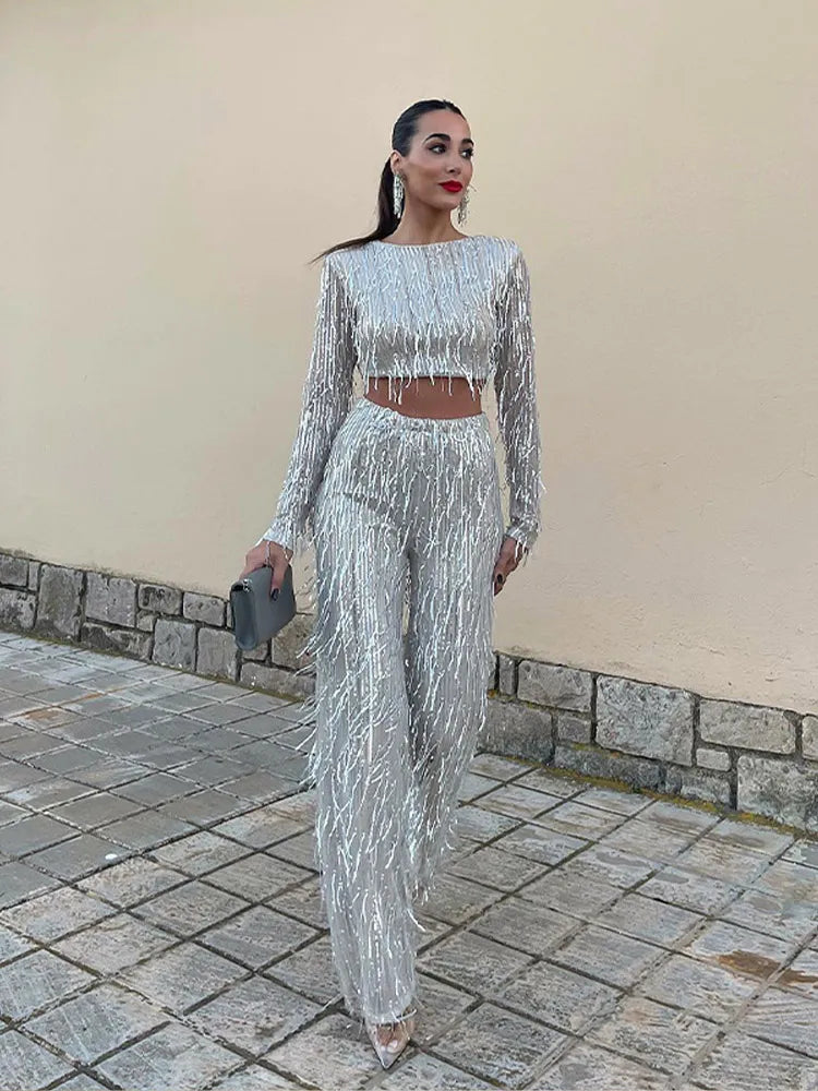 Glitter Sequin Women's Two-Piece Set with High Waist Pants