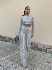 Glitter Sequin Women's Two-Piece Set with High Waist Pants