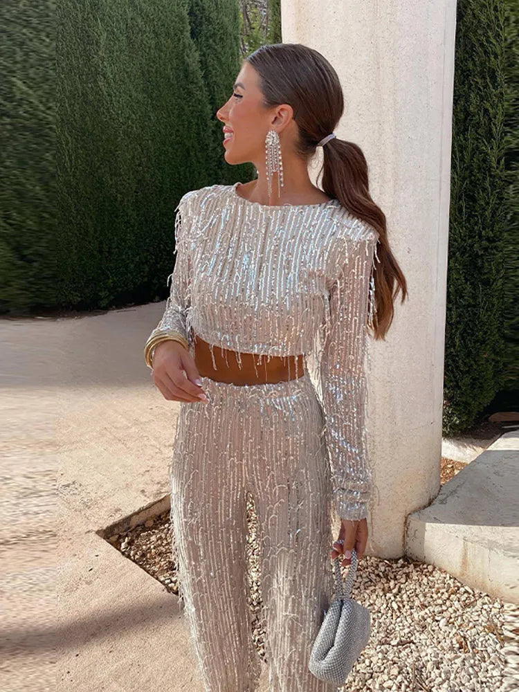 Glitter Sequin Women's Two-Piece Set with High Waist Pants