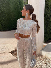 Glitter Sequin Women's Two-Piece Set with High Waist Pants