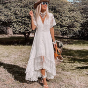 White Women’s Summer Maxi Dress With Lace And V Neck
