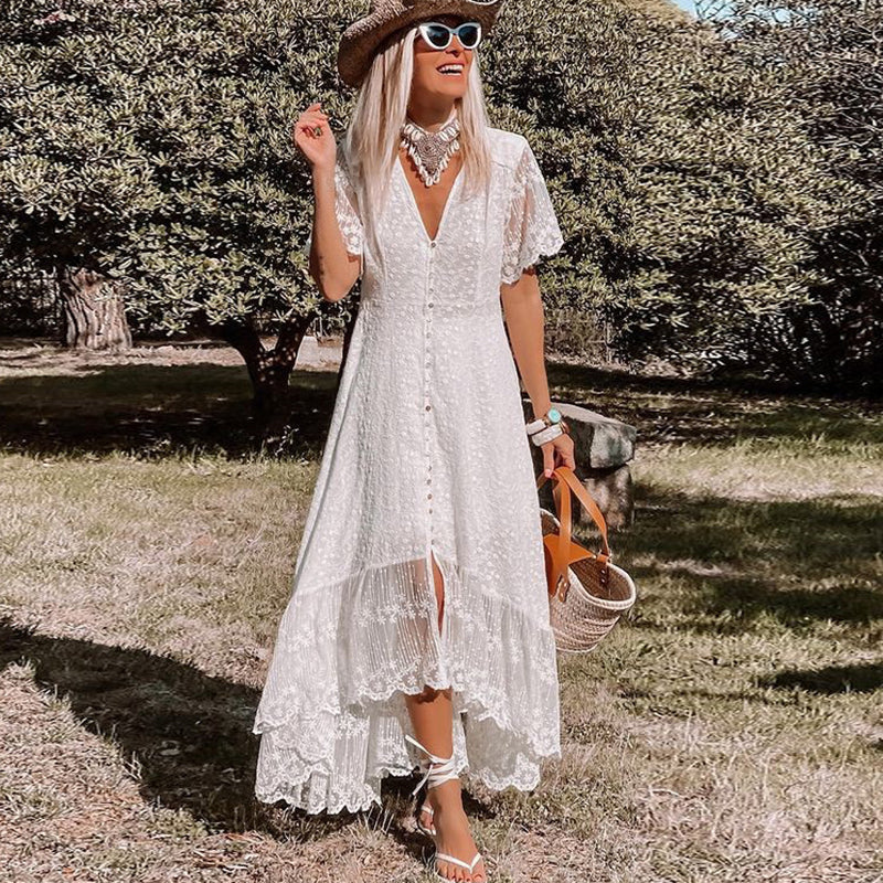White Women’s Summer Maxi Dress With Lace And V Neck