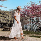 White Women’s Summer Maxi Dress With Lace And V Neck