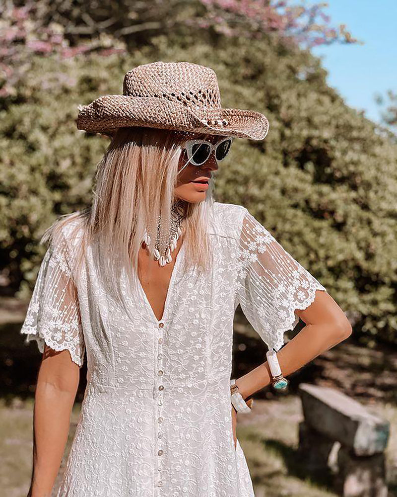 White Women’s Summer Maxi Dress With Lace And V Neck