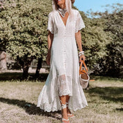White Women’s Summer Maxi Dress With Lace And V Neck