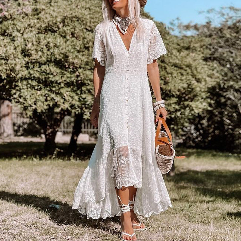White Women’s Summer Maxi Dress With Lace And V Neck