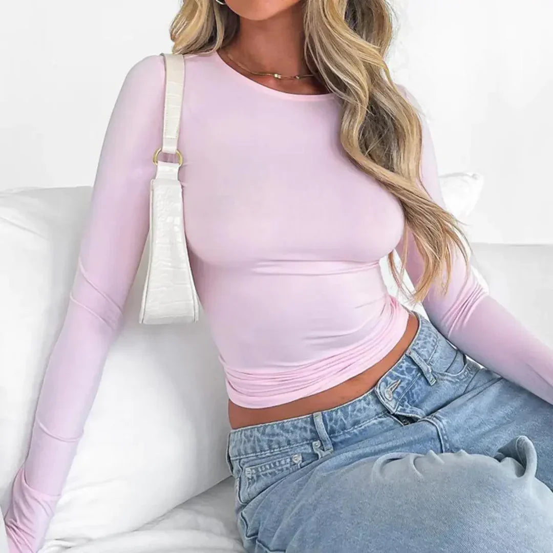 Elegant Women's Top with Long Sleeves and Straight Neckline