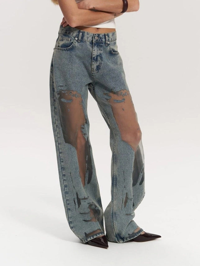 Transparent Women's Jeans with High Waist and Straight Legs