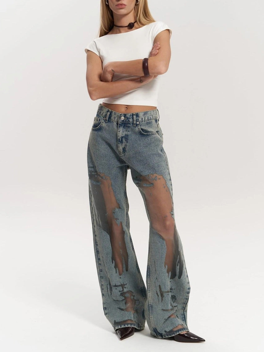 Transparent Women's Jeans with High Waist and Straight Legs