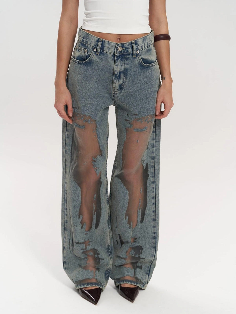 Transparent Women's Jeans with High Waist and Straight Legs