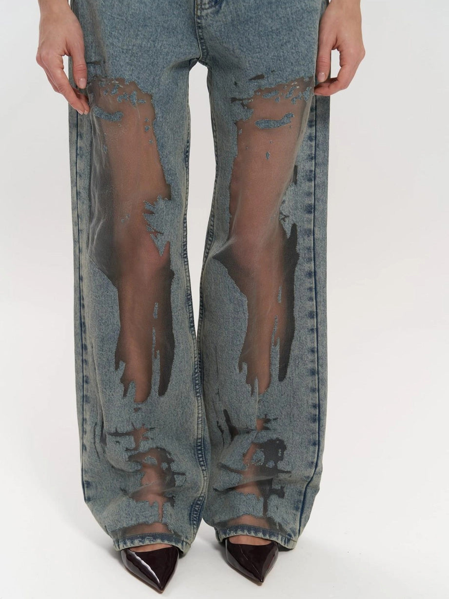 Transparent Women's Jeans with High Waist and Straight Legs