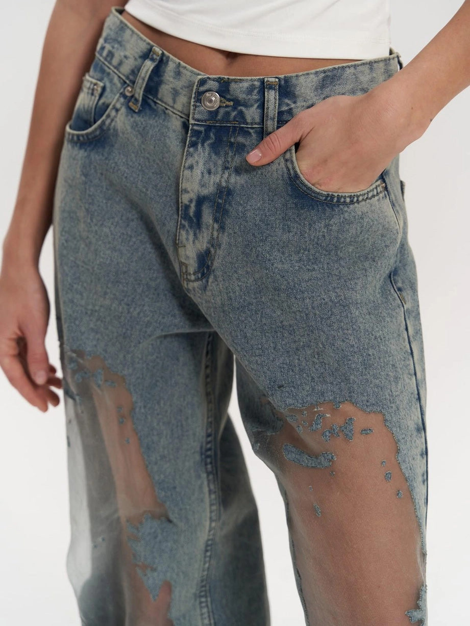 Transparent Women's Jeans with High Waist and Straight Legs