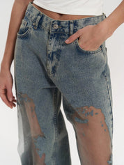 Transparent Women's Jeans with High Waist and Straight Legs