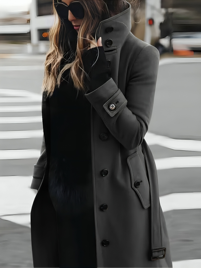 Women's Elegant Trench Coat with High Collar and Belt