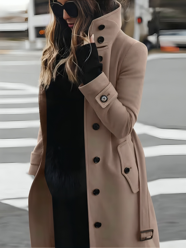 Women's Elegant Trench Coat with High Collar and Belt