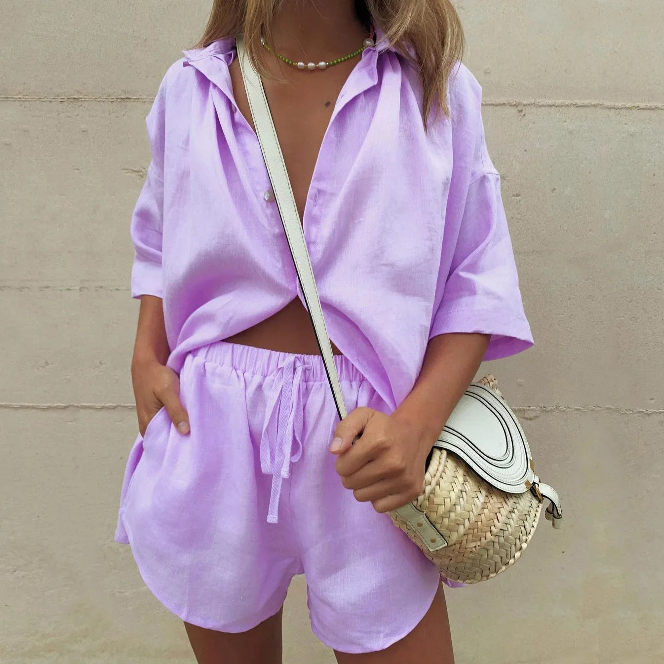 Summer Two-Piece Set with Blouse and Shorts for Women