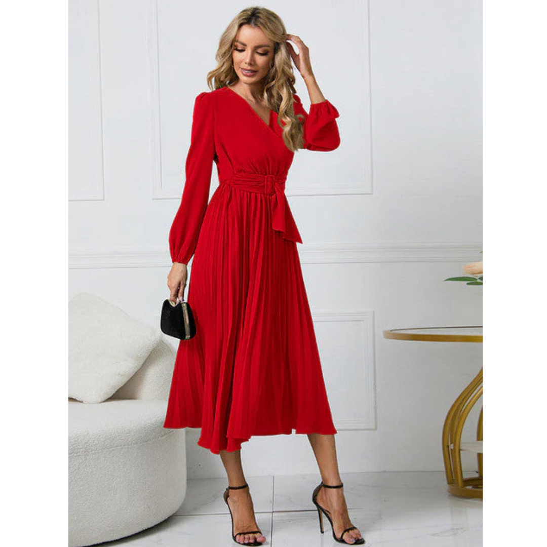 Elegant Women’s Midi Dress With Long Sleeves And Waistband