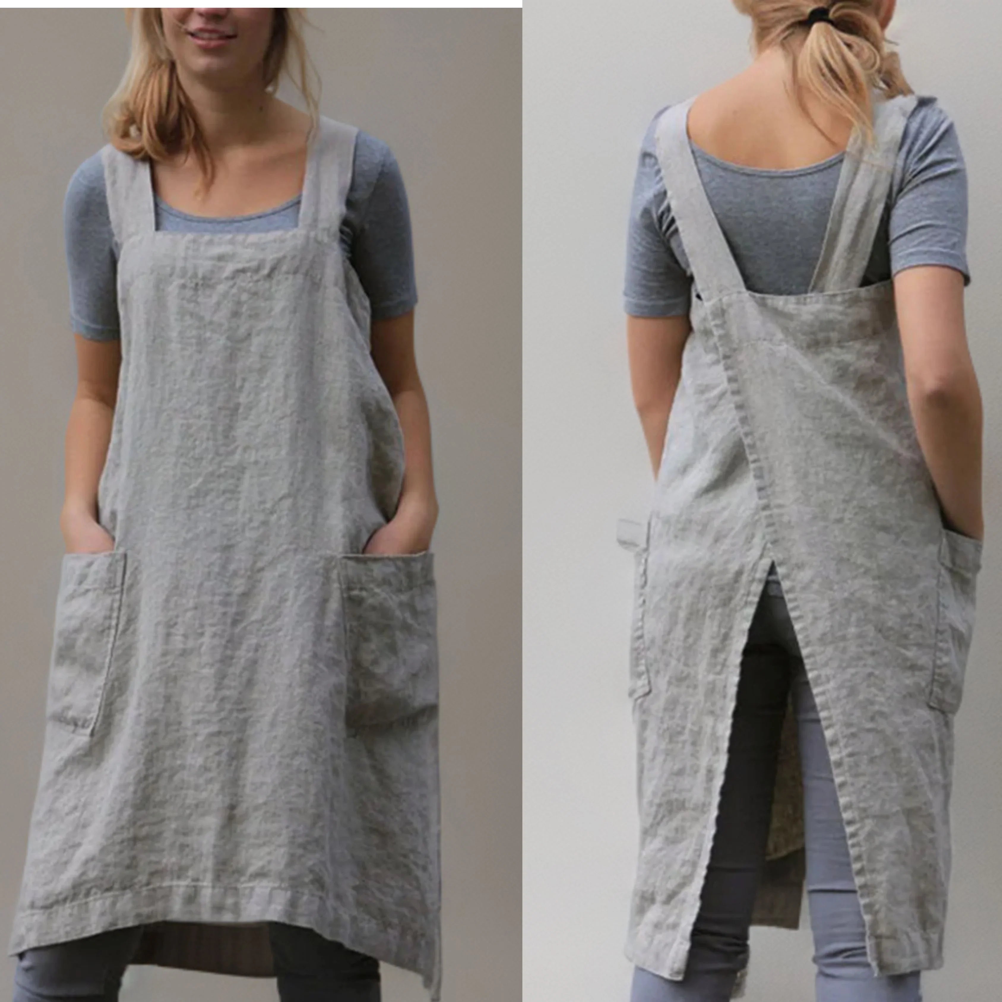 Light Linen Apron Dress with Pockets for Women