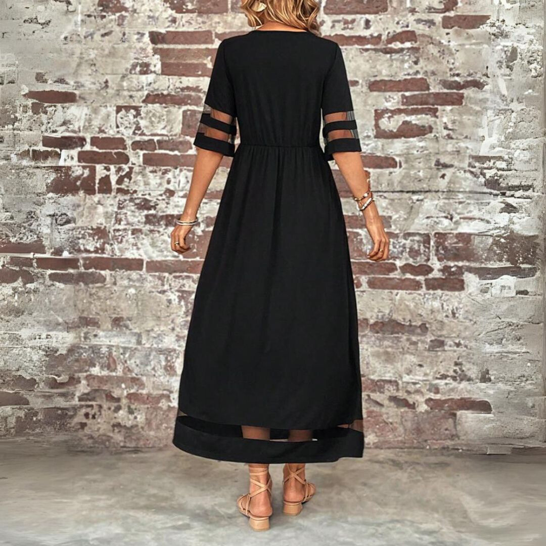 Elegant Maxi Party Dress for Women with Mesh Sleeves and Pockets