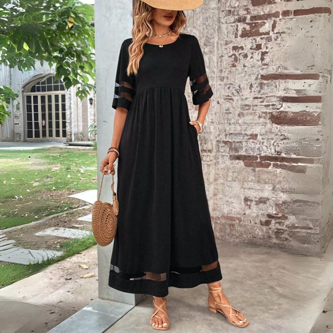 Elegant Maxi Party Dress for Women with Mesh Sleeves and Pockets