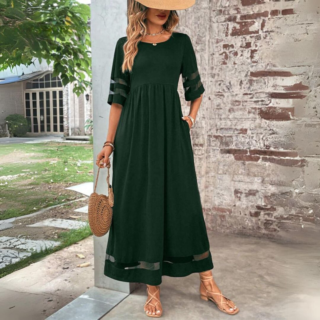 Elegant Maxi Party Dress for Women with Mesh Sleeves and Pockets