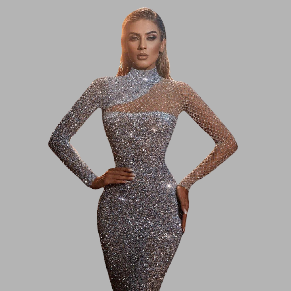 Glittering Women’s Gala Maxi Dress with High Neck and Long Sleeves
