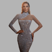 Glittering Women’s Gala Maxi Dress with High Neck and Long Sleeves