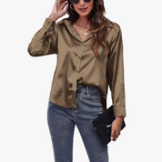 Satin Look Button-Up Blouse with Long Sleeves for Women