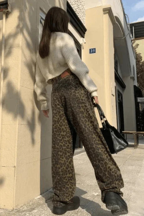 Brown Palazzo Pants with Leopard Print and High Waist