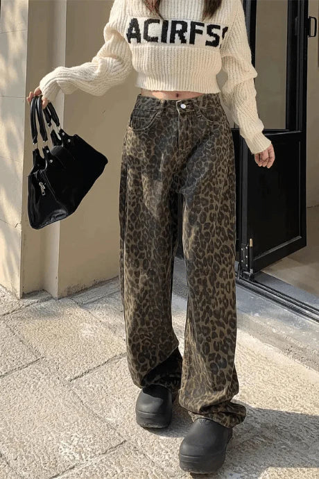 Brown Palazzo Pants with Leopard Print and High Waist