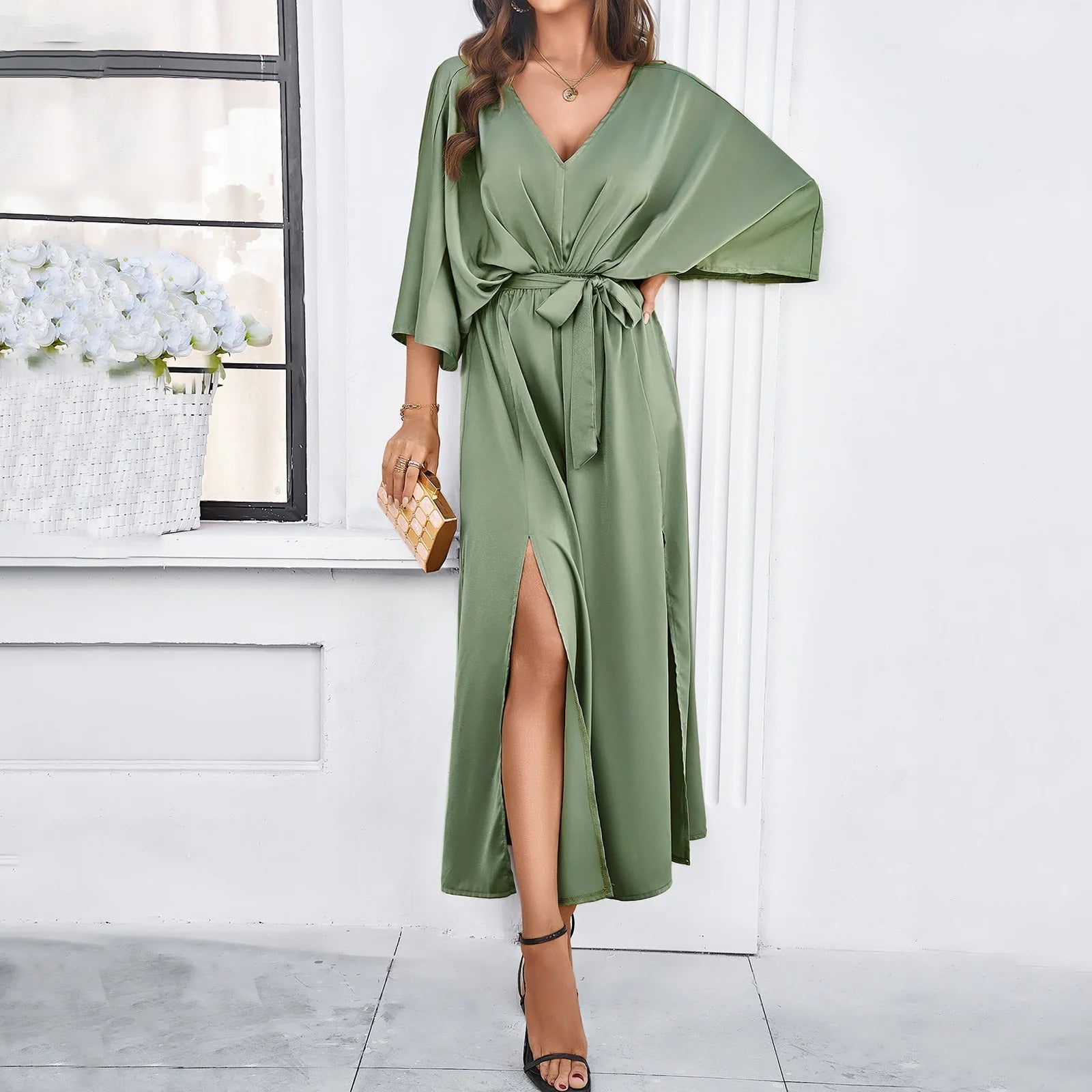 Elegant Gala Maxi Dress with Bow Detail and Split for Women