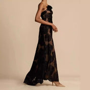 Elegant Maxi Party Dress for Women with One-Shoulder and Floral Applique