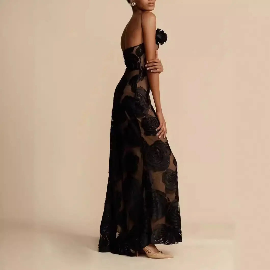Elegant Maxi Party Dress for Women with One-Shoulder and Floral Applique