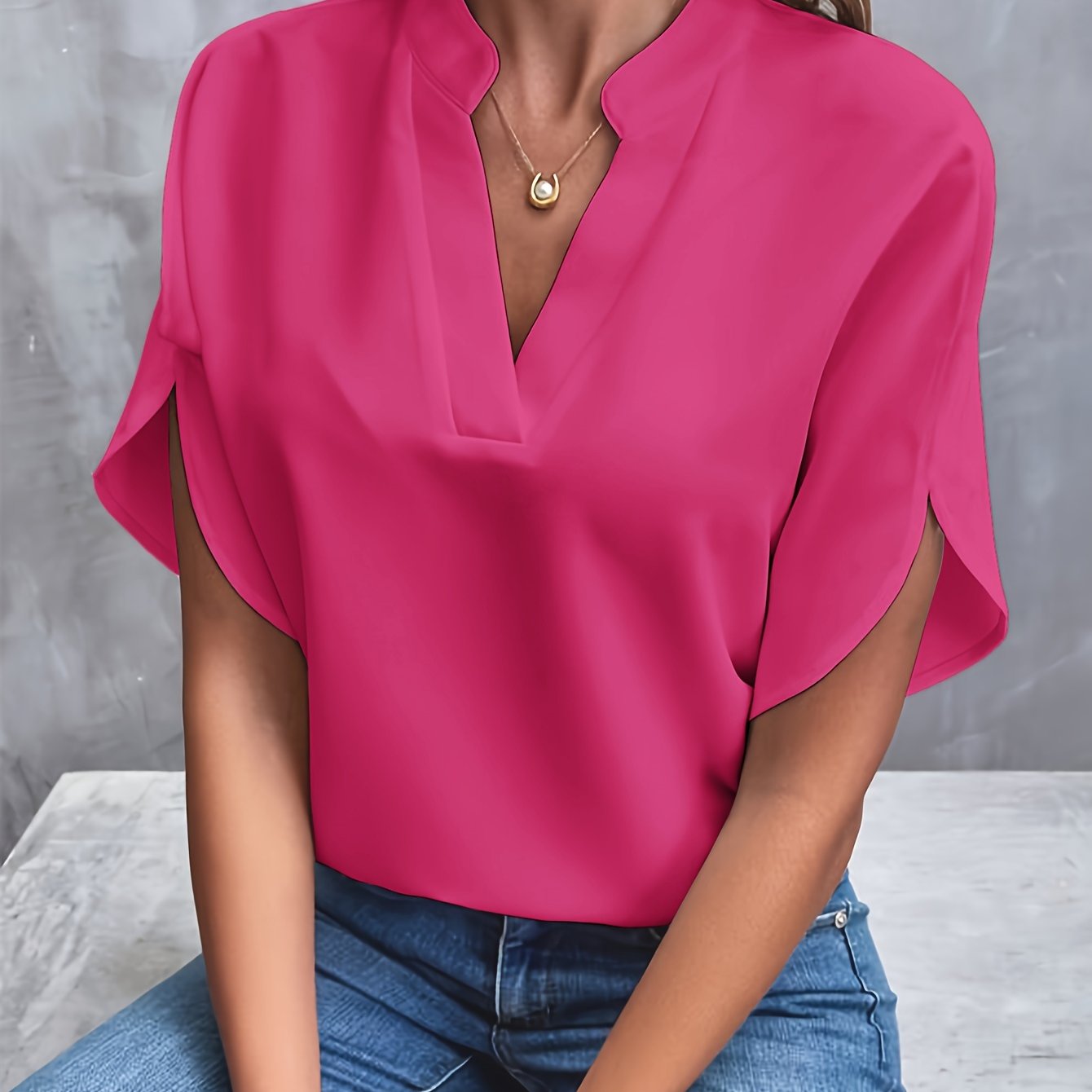 Women's Elegant Blouse with V-Neck and Short Sleeves